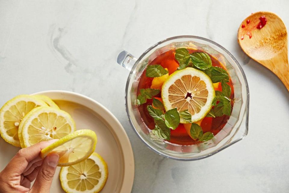 <p>We've taken a refreshing twist on the Spanish classic, with this sparkling white wine Sangria – perfect for summer parties.</p><p><strong>Recipe: <a href="https://www.goodhousekeeping.com/uk/food/recipes/a576624/white-sangria/" rel="nofollow noopener" target="_blank" data-ylk="slk:White wine sangria;elm:context_link;itc:0;sec:content-canvas" class="link ">White wine sangria </a></strong></p>