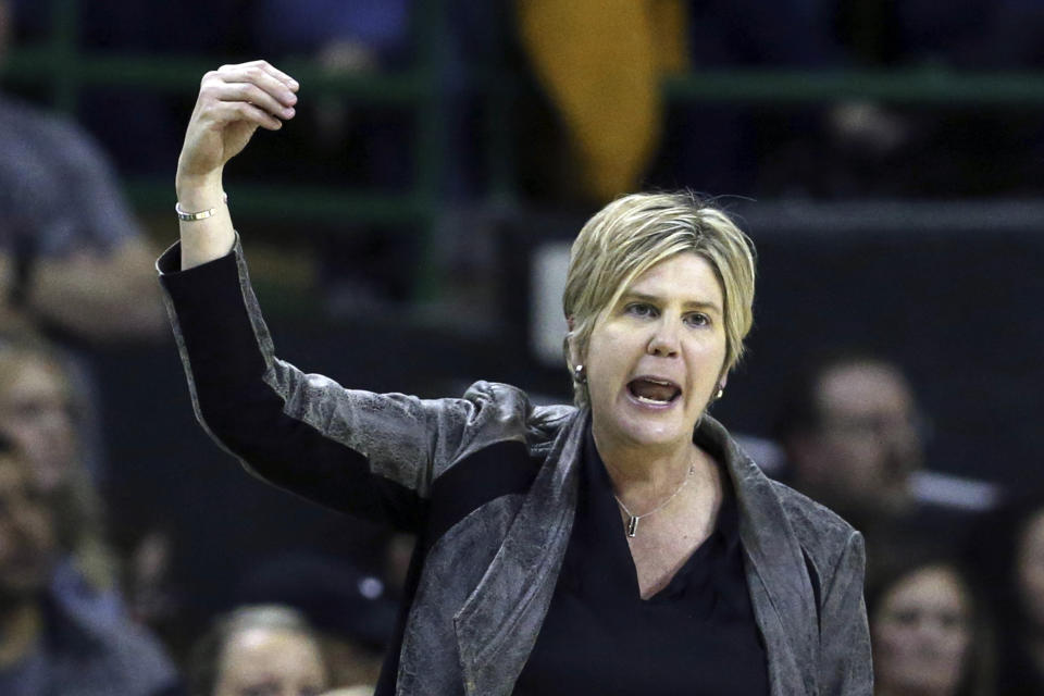 FILE - In this Jan. 25, 2020, file photo, Texas Tech head coach Marlene Stollings reacts to a play in the second half of an NCAA college basketball game against Baylor in Waco Texas. Texas Tech women's basketball players have accused Stollings and her staff of fostering a culture of abuse that led to an exodus from the program, according to a report published Wednesday, Aug. 5, 2020, in USA Today. (AP Photo/Rod Aydelotte, File)