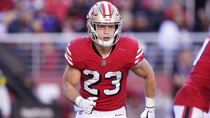 San Francisco 49ers running back Christian McCaffrey against the Kansas City Chiefs during an NFL football game in Santa Clara, Calif., Sunday, Oct. 23, 2022. (AP Photo/Godofredo A. Vásquez)