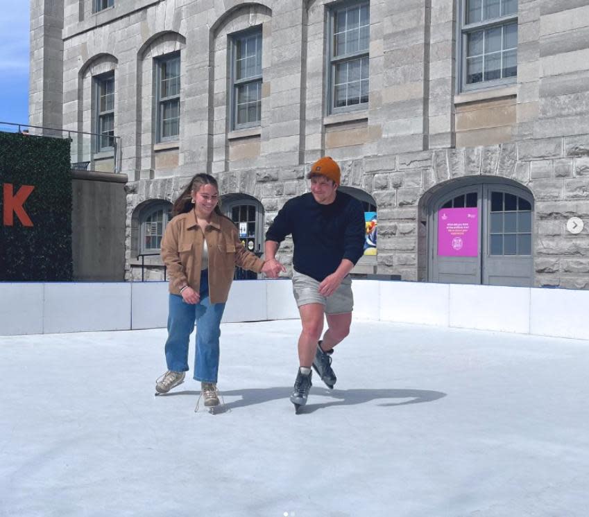 Skaters try out the synthetic ice surface in Kingston, Ont. The rink at Springer Market Square closes Monday. (downtownkingston/Instagram - image credit)