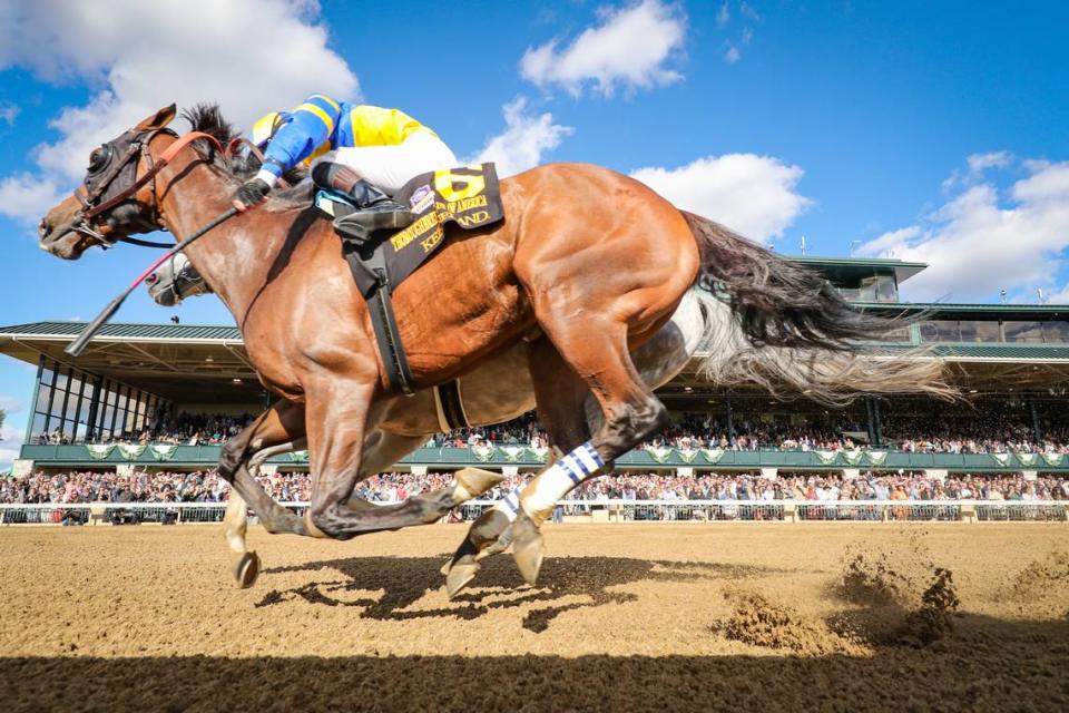 Yuugiri, front, edges Wicked Halo in the Grade 2 Thoroughbred Club of America Stakes at Keeneland on Saturday.