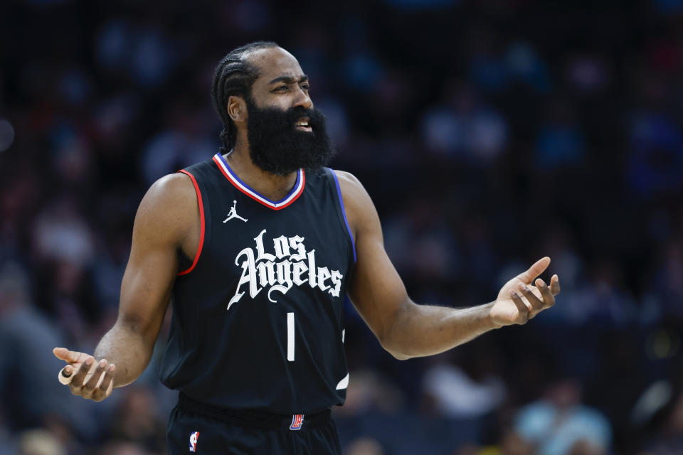 Los Angeles Clippers guard James Harden reacts to a call during the first half of an NBA basketball game against the Charlotte Hornets in Charlotte, N.C., Sunday, March 31, 2024. (AP Photo/Nell Redmond)