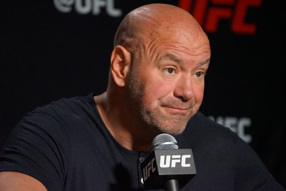 LAS VEGAS, NV- AUGUST 9: Dana White speaks to the media following week 3 of Dana White Contender Series on August 9, 2022, at the UFC APEX in Las Vegas, NV. (Photo by Amy Kaplan/Icon Sportswire via Getty Images)