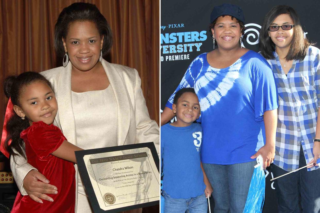 <p>Stephen Shugerman/Getty ; Jim Smeal/BEI/Shutterstock</p> Left: Chandra Wilson and her daughter pose with her nominee certificate at the 38th NAACP Image Awards nominees luncheon on February 10, 2007. Right: Chandra Wilson and her kids Michael and Sarina at the 