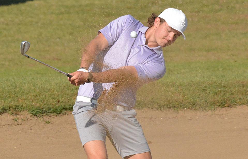 Watertown's Jake Olson hits off a bunker on No. 1 Red during the Watertown Boys Golf Invitational on Tuesday, Sept. 19, 2023 at Cattail Crossing Golf Course.