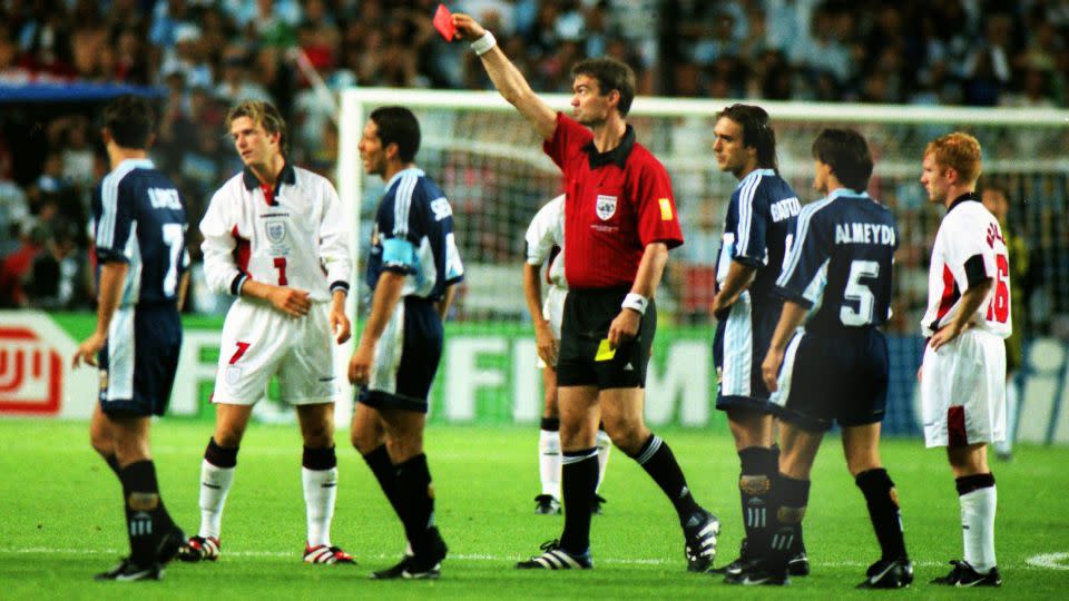 Beckham was red carded in England's round of 16 match at the 1998 World Cup. - Colorsport/Shutterstock
