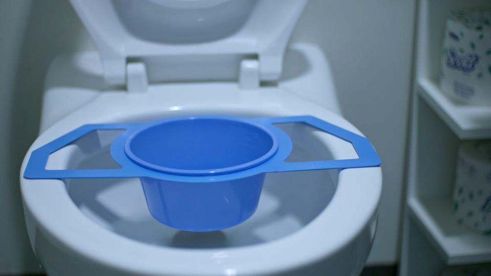 A bucket in a toilet to collect poop.