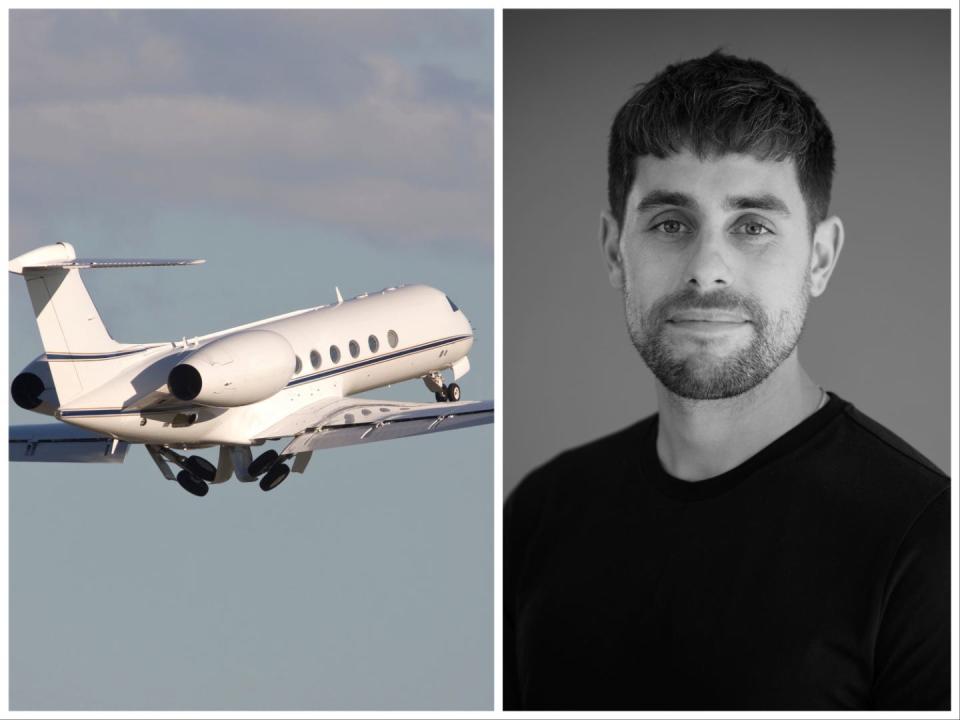 Gulfstream Twin Engined Business Jet Climbing into the sky after takeoff and Dan Cook wearing a black shirt.