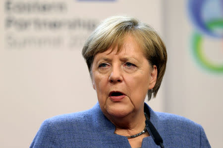 German Chancellor Angela Merkel holds a news conference after a Eastern Partnership summit at the European Council Headquarters in Brussels, Belgium, November 24, 2017. REUTERS/Eric Vidal