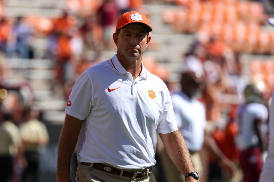 Sep 23, 2023; Clemson, South Carolina, USA; Clemson Tigers head coach Dabo Swinney prior to a game against the Florida State Seminoles at Memorial Stadium. Mandatory Credit: David Yeazell-USA TODAY Sports