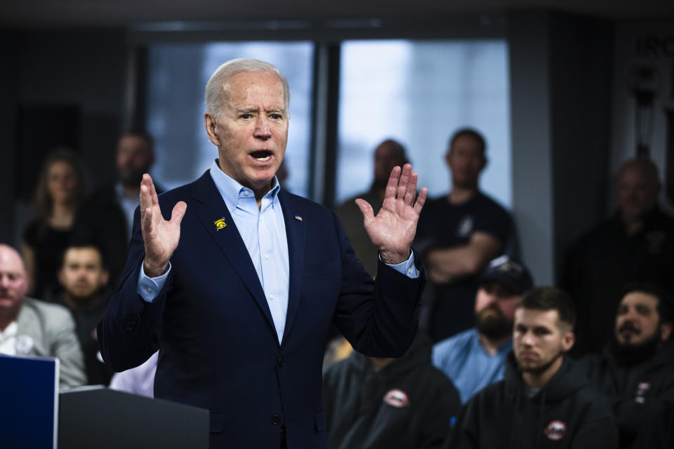 Democratic presidential candidate former Vice President Joe Biden speaks during a campaign event with the International Association of Bridge, Structural, and Ornamental Iron Workers, Sunday, Jan. 26, 2020, in Des Moines, Iowa. (AP Photo/Matt Rourke)