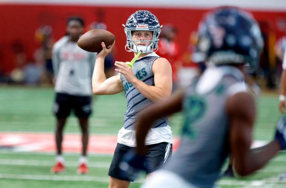 Heritage High School’s Lex Thomas participates in 7-on-7 drills at the Close-King Indoor Practice Facility in Raleigh, N.C., on Thursday, June 16, 2022.