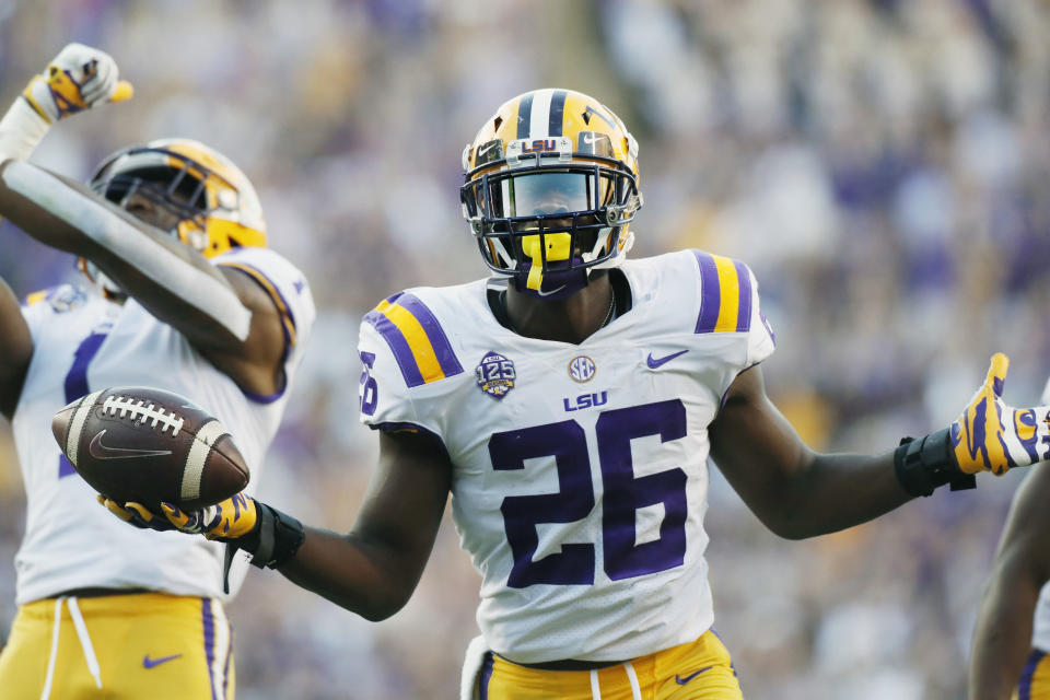 LSU safety John Battle (26) celebrates after he intercepted a Georgia pass during the fourth quarter of an NCAA college football game Saturday, Oct. 13, 2018, in Baton Rouge, La. (Bob Andres/Atlanta Journal Constitution via AP)