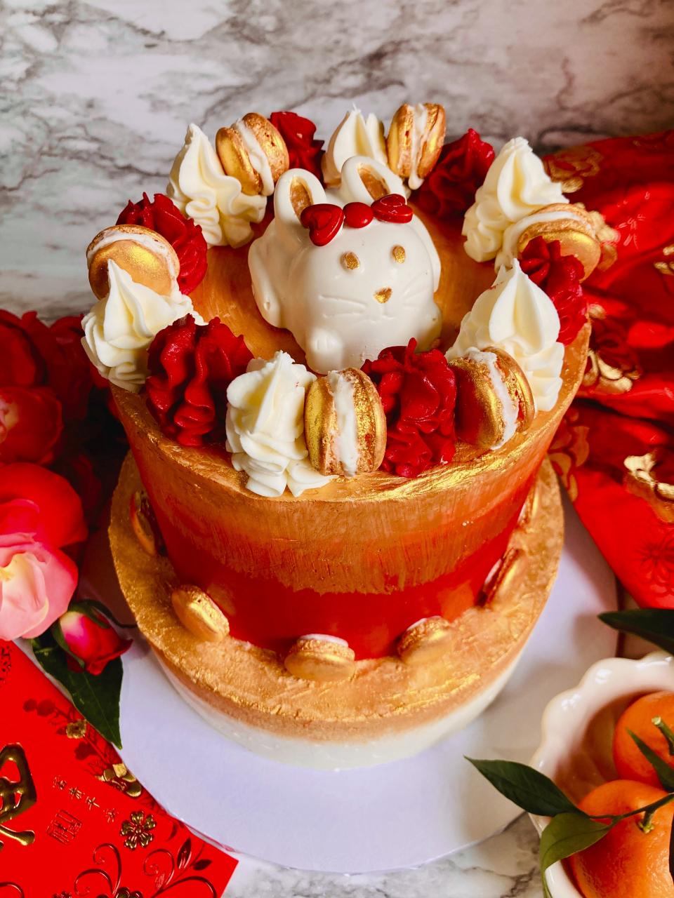 A two-tier Lunar New Year cake with a Year of the Rabbit theme is pictured on Jan. 11, 2023 in the Queens borough of New York. (Karen Chin via AP)