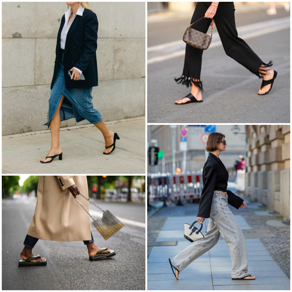  A collage of four images of women wearing flip flops on the street. 