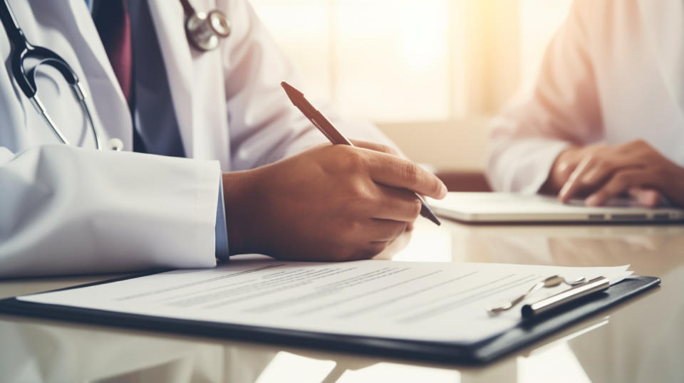 Closeup of a physician working with a patient on their population health management plan.