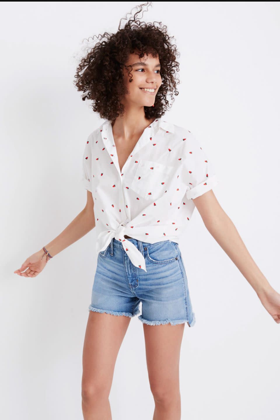 Embroidered Short-Sleeve Tie-Front Shirt in Fresh Strawberries