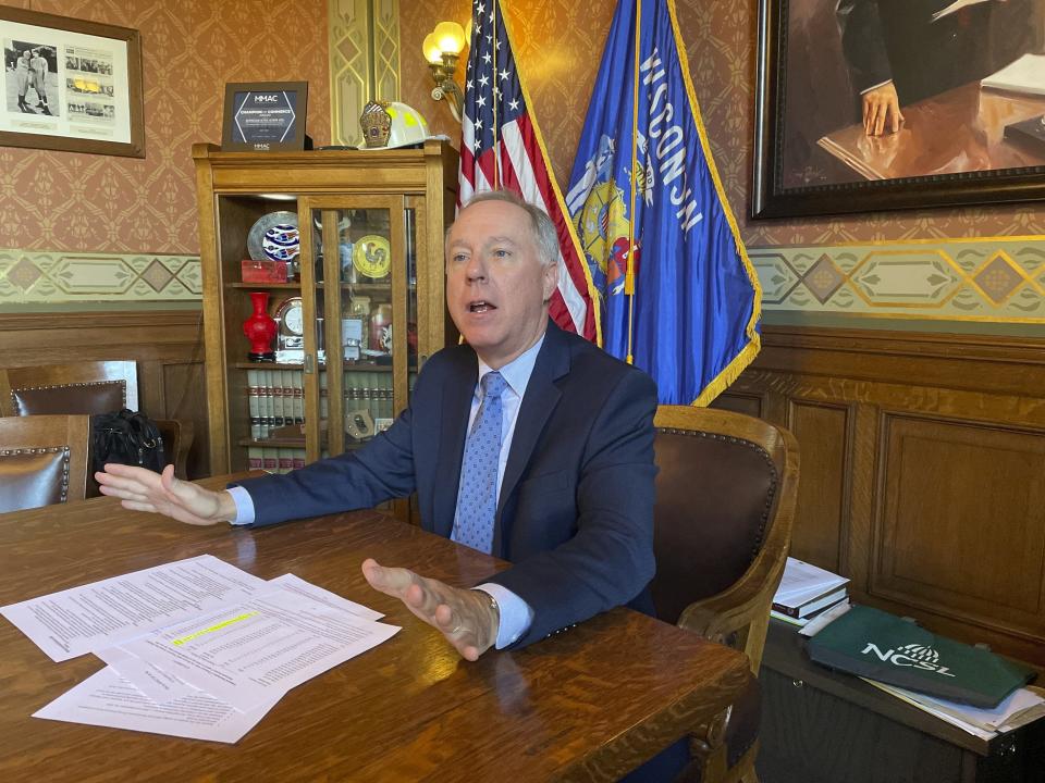 Wisconsin Assembly Speaker Robin Vos speaks during an interview with The Associated Press at the state Capitol in Madison, Wis., on Wednesday, Dec. 20, 2023. Vos said it was unlikely the state Legislature would move to impeach a liberal state Supreme Court justice over her views on redistricting. (AP Photo/Harm Venhuizen)