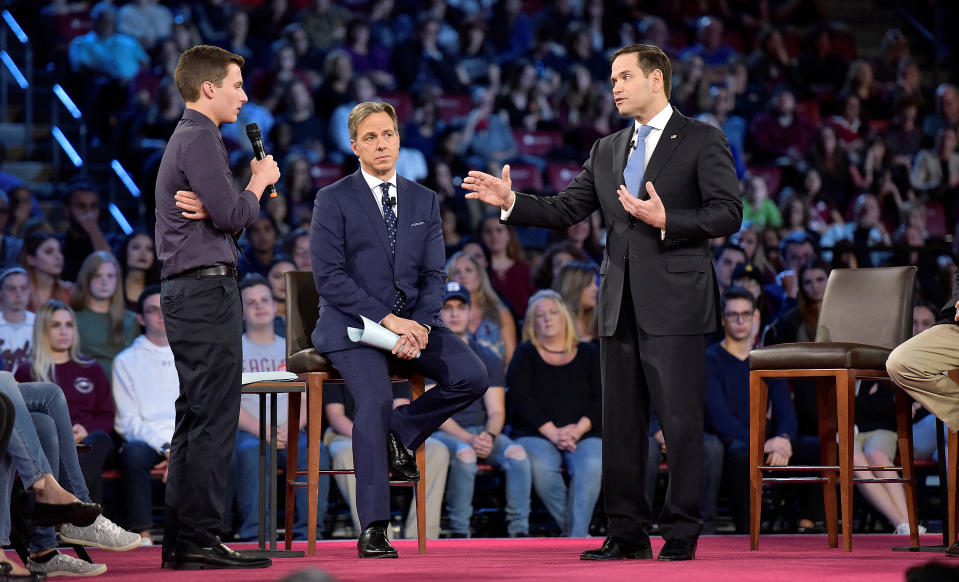 Marjory Stoneman Douglas student Cameron Kasky, left, confronts Sen. Marco Rubio at town hall meeting in Sunrise, Fla.