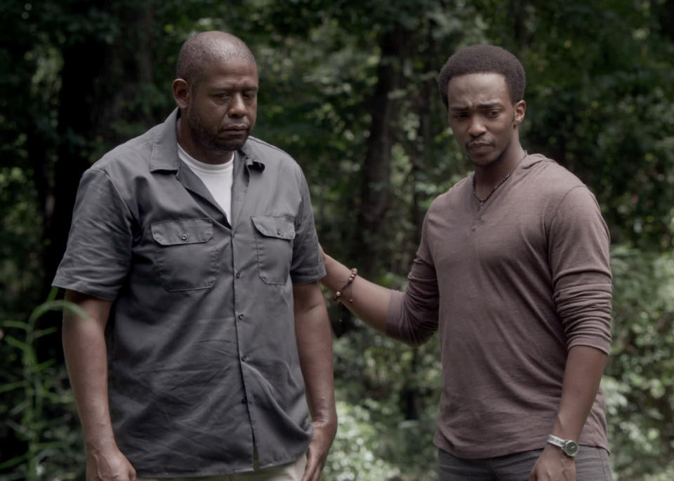 This photo provided by Codeblack Films shows Forest Whitaker, left, as Angel and Anthony Mackie as Tommy, in a scene from the film, "Repentance." He plays the role of the bipolar Angel Sanchez, who seeks private treatment from a spiritual adviser before taking him hostage in the basement of the home where he and his young daughter reside. Whitaker took on a new challenge to grow in the psychological thriller which releases Friday, Feb. 28, 2014. (AP Photo/Codeblack Films, Patti Perret)