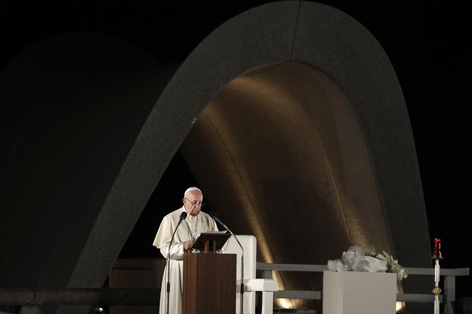FILE - Pope Francis delivers a speech in front of the Memorial Cenotaph at Hiroshima Peace Memorial Park in Hiroshima, western Japan, on Nov. 24, 2019. Pope Francis' first 10 years as pope have been marked by several historic events, as well as several unplanned moments or comments that nevertheless helped define the contours and priorities of history's first Latin American pope. (AP Photo/Gregorio Borgia, File)