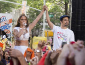 FILE - In this July 11, 2016 file photo Jennifer Lopez, left, and Lin-Manuel Miranda perform on NBC's "Today" show in New York. Miranda, who was everywhere in popular culture this year, was named The Associated Press Entertainer of the Year, voted by members of the news cooperative. (Photo by Charles Sykes/Invision/AP, File)