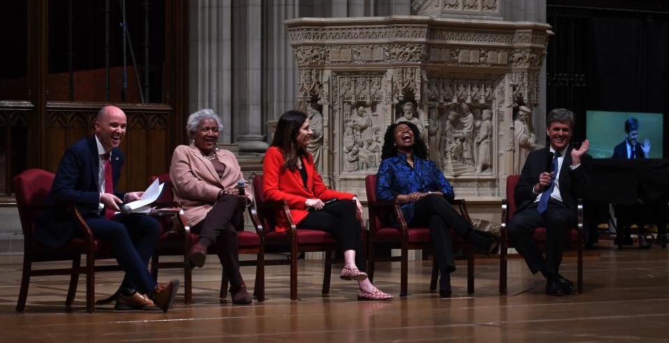 Wheatley Institute joins Wesley Theological Seminary and Deseret Magazine in hosting an evening forum on “Disagreeing Better” in Washington, D.C., on February 21, 2024. Left to right: Republican Gov. Spencer Cox of Utah, political strategist Donna Brazile, attorney Rachel Brand, legal scholar Ruth Okediji and activist Tim Shriver, who are trying to model a new kind of politics.