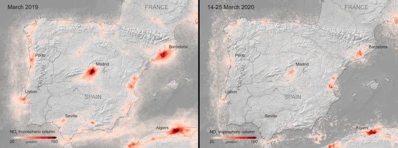 A combination image from the ESA shows the average nitrogen dioxide concentrations from air pollution across Spain