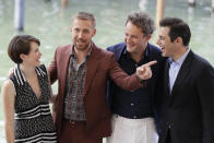 File - Actors Claire Foy, from left, Ryan Gosling and Jason Clarke pose for photographers upon arrival at the photo call for 'First Man' at the Venice Film Festival. The 77th Venice Film Festival will kick off on Wednesday, Sept. 2, 2020, but this year's edition will be unlike any others. Coronavirus restrictions will mean fewer Hollywood stars, no crowds interacting with actors and other virus safeguards will be deployed. (AP Photo/Kirsty Wigglesworth, File)