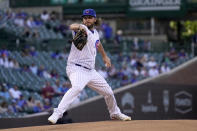 Chicago Cubs starting pitcher Wade Miley delivers during the first inning of a baseball game against the Pittsburgh Pirates Monday, May 16, 2022, in Chicago. (AP Photo/Charles Rex Arbogast)