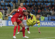 <p>Colombia’s Radamel Falcao, right, falls next to England’s Jordan Henderson during the round of 16 match between Colombia and England at the 2018 soccer World Cup in the Spartak Stadium, in Moscow, Russia, Tuesday, July 3, 2018. (AP Photo/Ricardo Mazalan) </p>