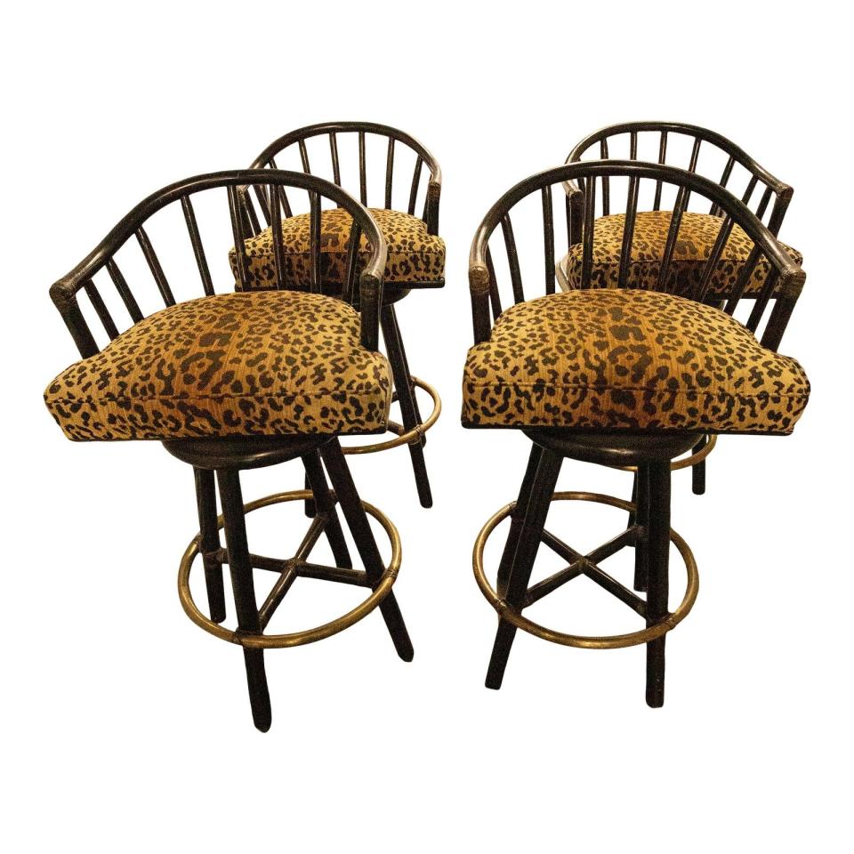 4) Vintage McGuire Bamboo Rattan Swivel Bar Stools - Set of 4