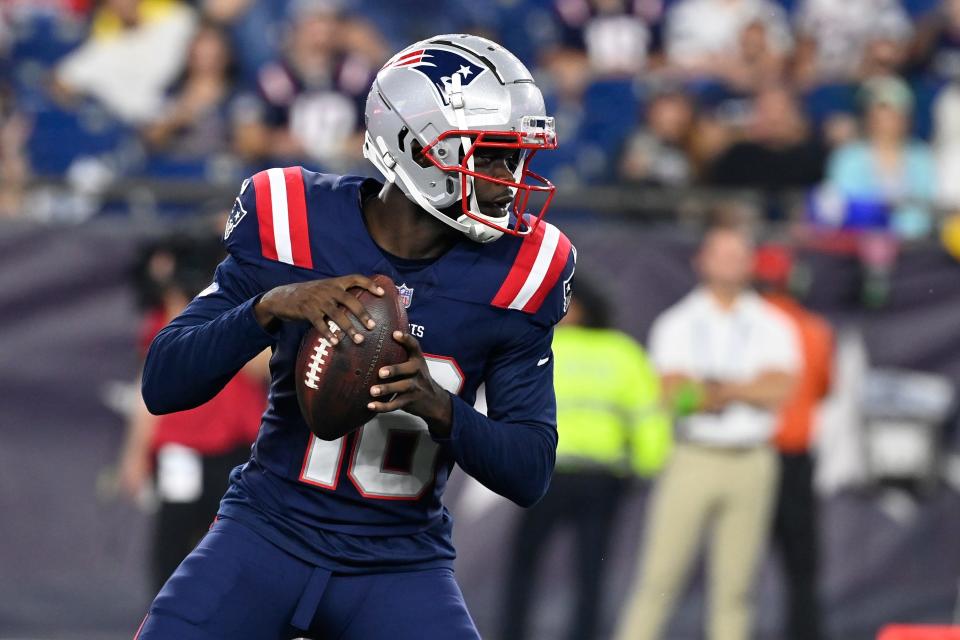 New England Patriots quarterback Malik Cunningham looks to pass during the second half against the Houston Texans at Gillette Stadium on Aug. 10.