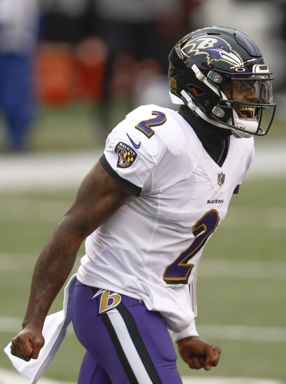 Baltimore Ravens quarterback Tyler Huntley (2) call signals against the Cincinnati Bengals during the second half of an NFL football game, Sunday, Jan. 3, 2021, in Cincinnati. (AP Photo/Aaron Doster)