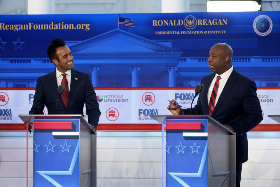 Vivek Ramaswamy and Sen. Tim Scott participate in the second Republican primary debate at the Ronald Reagan Presidential Library on Sept. 27, 2023, in Simi Valley, California. / Credit: Justin Sullivan/Getty Images