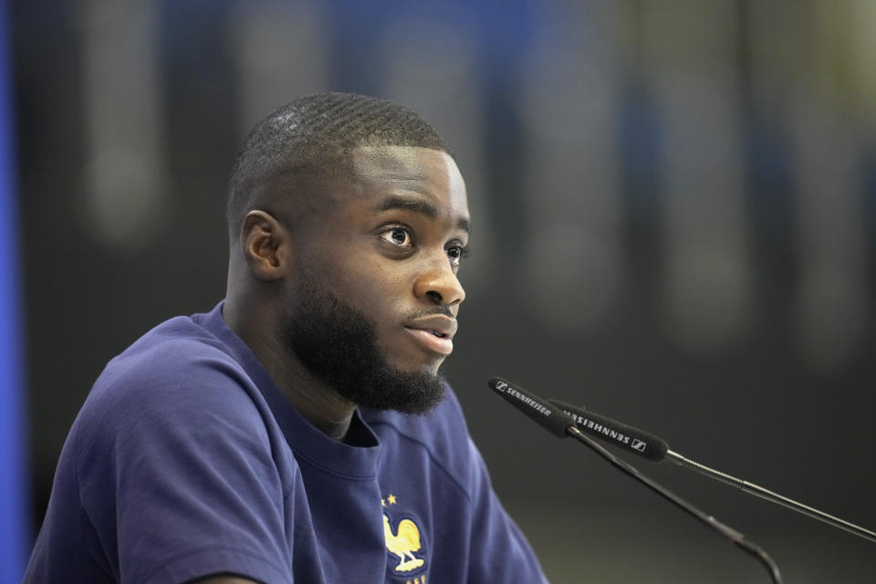 France's Dayot Upamecano attends a press conference at the Jassim Bin Hamad stadium in Doha, Qatar, Thursday, Dec. 8, 2022. France will play against England during their World Cup quarter-final soccer match on Dec. 10. (AP Photo/Christophe Ena)