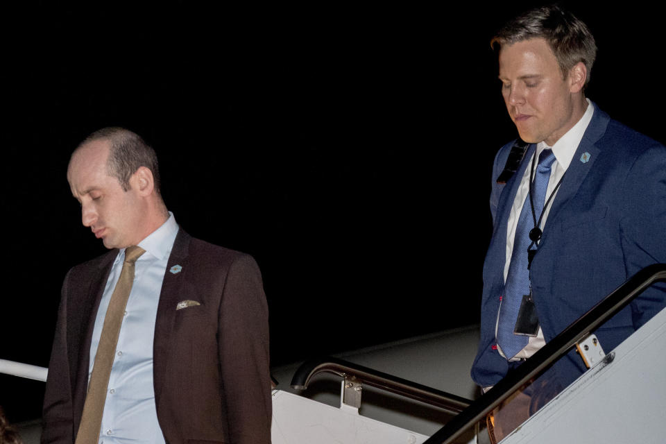 FILE - In this Oct. 13, 2018, file photo President Donald Trump's White House senior adviser Stephen Miller, left, and White House political director Bill Stepien, right, step off Air Force One as they arrives at Andrews Air Force Base, Md., after traveling with President Donald Trump to Richmond, Ky., for a rally. Bill Stepien has replaced Brad Parscale as Trump's campaign manager. (AP Photo/Andrew Harnik)