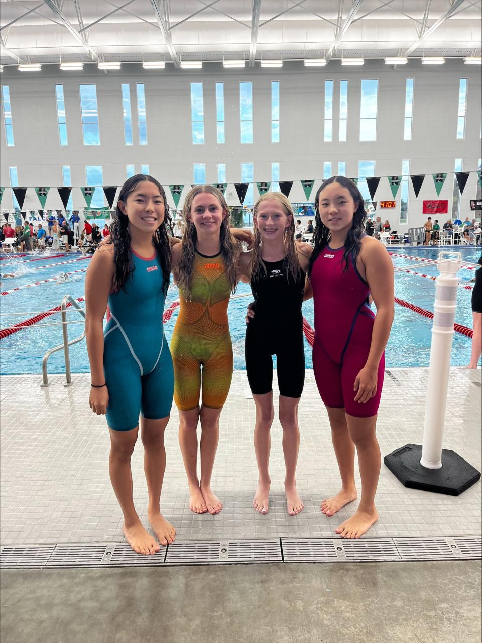 From left to right: Miranda Han (junior), Allison Connors (freshman), Eden Tiscione (freshman), and Emma Han (freshman) are photographed during their state event in November, 2023.