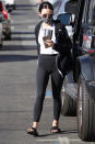 <p>Lucy Hale's leopard phone case jazzes up her all-business workout attire on the way to the gym in L.A.</p>