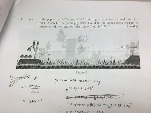 A question on Angry Birds in a local school's exam paper. 