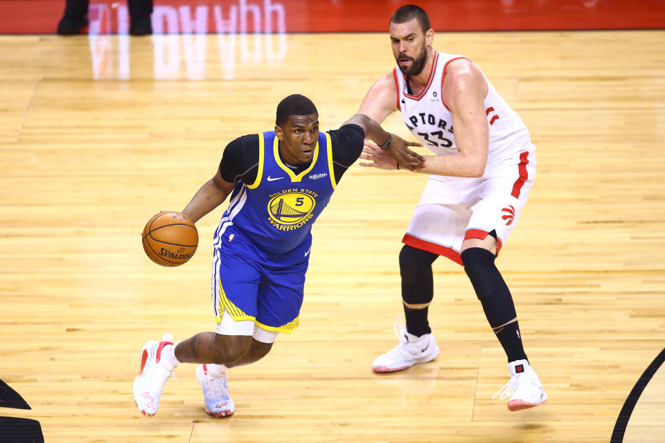 Kevon Looney re-aggravated his chest injury late in Game 5 on Monday night, and will not return.