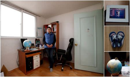 A combination picture shows Lee Hye-kyung, mother of Jeon Hyeon-tak, a high school student who died in the Sewol ferry disaster, as she poses for a photograph in her son's room, as well as details of objects, in Ansan April 8, 2015. REUTERS/Kim Hong-Ji