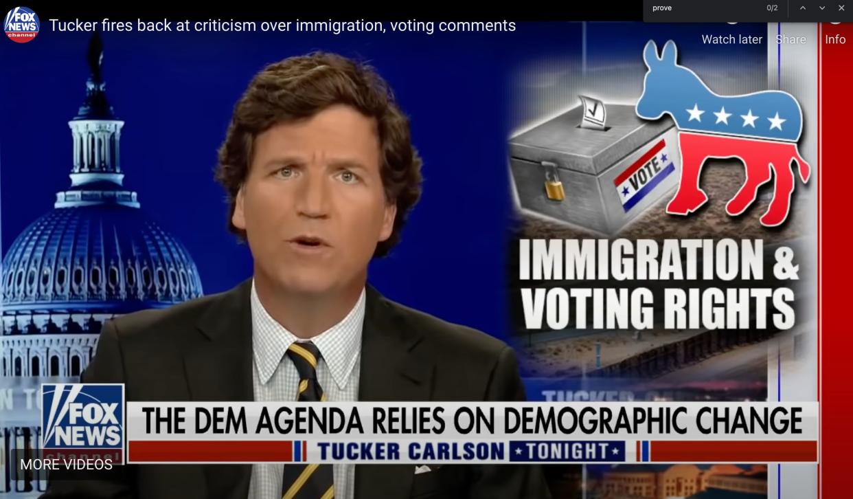 Tucker Carlson defends the white nationalist "great replacement" conspiracy theory on Fox News. (Photo: Screenshot)