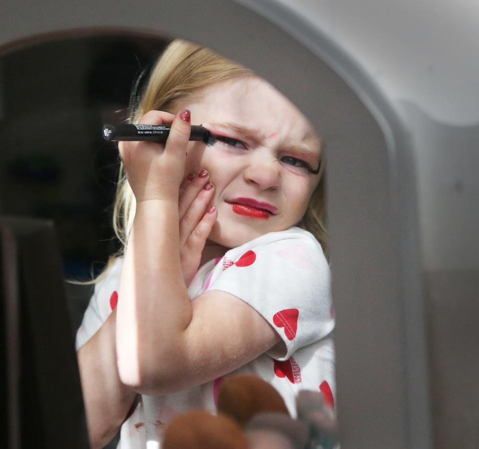 Lylah Ciampa, 4, of York, demonstrates how she applies makeup during an interview May 17, 2022. She made a makeup tutorial by herself on her mom's phone and it got picked up by “America's Funniest Home Videos.” She won a $10,000 prize.