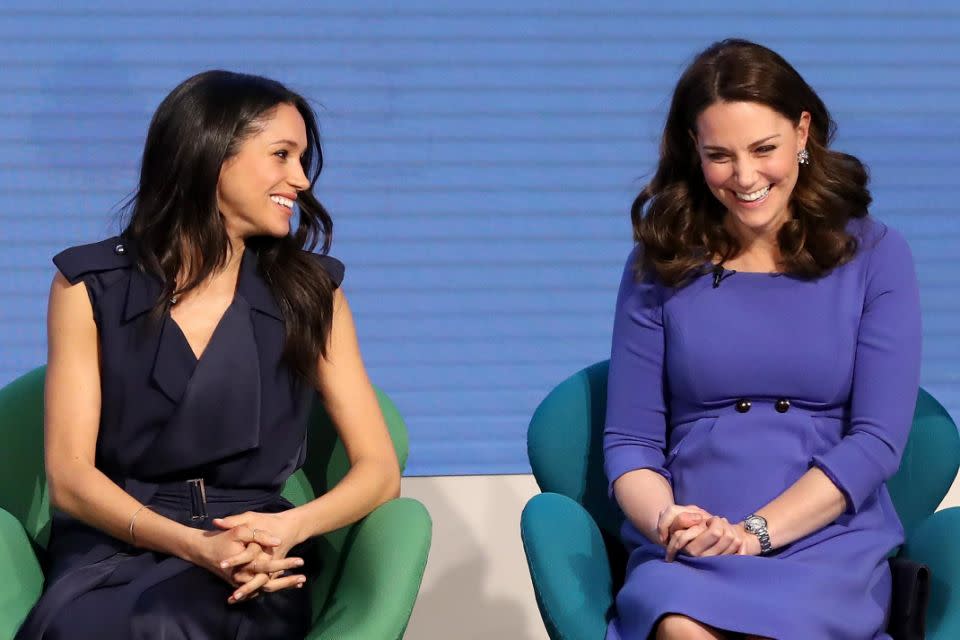 Meghan and Kate happily shared laughs, however Judi claims there wasn't a huge amount of connection between the pair. Photo: Getty