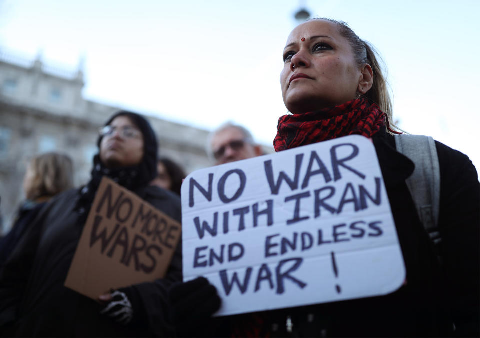 A protest by the Stop the War Coalition against the threat of war with Iran opposite Downing Street in Whitehall, London.