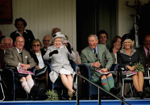 <div class="inline-image__caption"><p>Prince Philip, Duke of Edinburgh, Queen Elizabeth II, Prince Charles, The Prince of Wales and Camilla, Duchess of Cornwall break into laughter as they watch Balmoral compete in the tug-of-war during the Braemar Gathering at the Princess Royal and Duke of Fife Memorial Park on September 2, 2006 in Braemar, Scotland.</p></div> <div class="inline-image__credit">Chris Jackson/Getty Images</div>