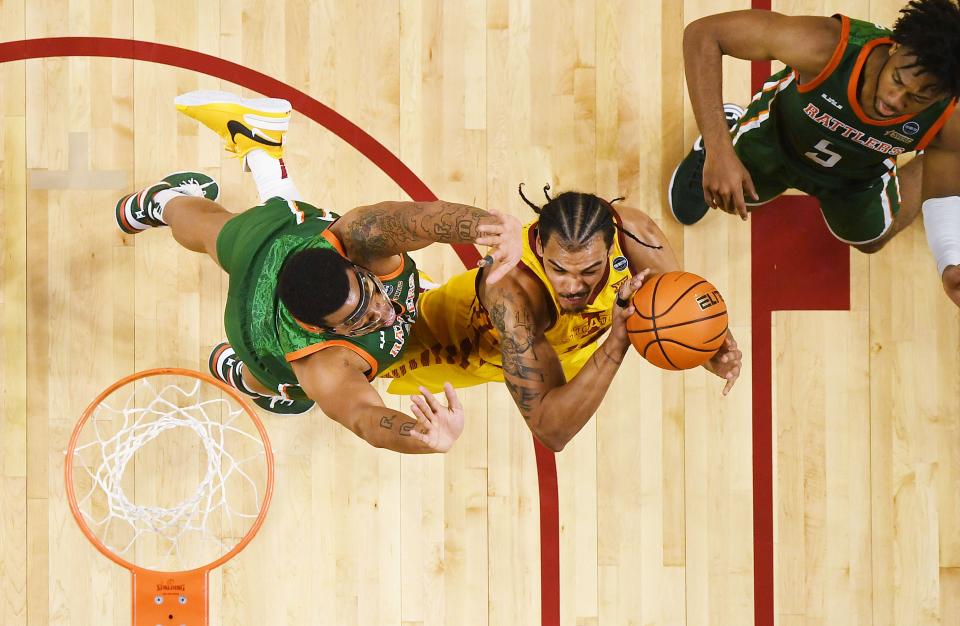 Iowa State Cyclones forward Robert Jones (12) takes a shot over Florida A&M Rattlers forward Shannon Grant (13) during the first half of a NCAA college basketball at Hilton Coliseum on Sunday, Dec. 17, 2023, in Ames, Iowa.