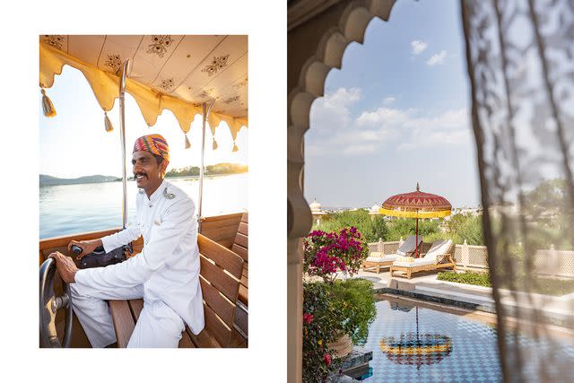 <p>Aparna Jayakumar</p> From left: An Oberoi staffer ferries Udaivilas guests across Lake Pichola; the view from the Kohinoor Suite at the Oberoi Udaivilas.