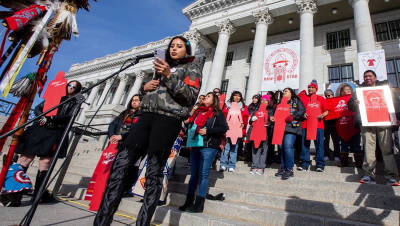 Michelle Brown, Dine Navajo campaign chairwoman of Missing and Murdered Indigenous Women of Utah, speaks at the fourth annual Women’s March at the Utah Capitol in Salt Lake City on Saturday, Jan. 18, 2020.